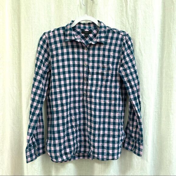 J. Crew Pink Teal Popover Plaid - Picture 1 of 11